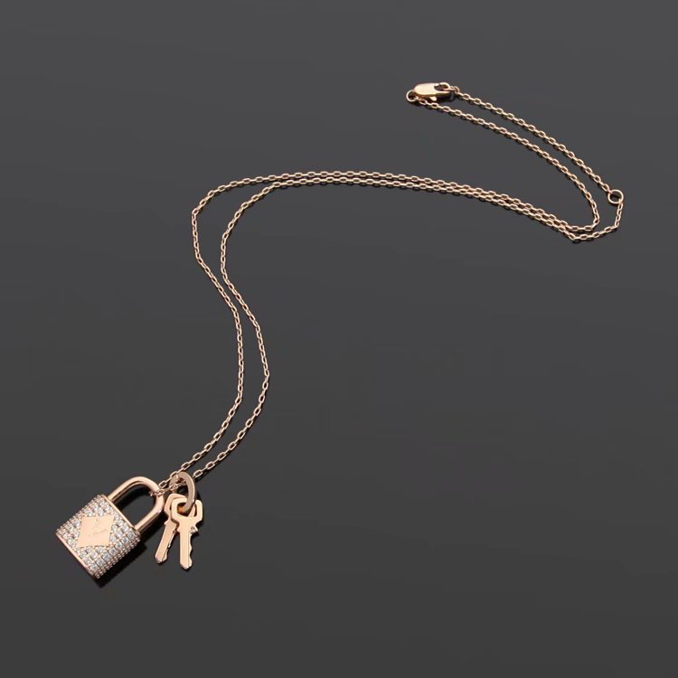 

Europe America Fashion Style Lady Women Titanium steel Necklace With Engraved V Initials Full Diamond Lock Double Keys Charm, Silver