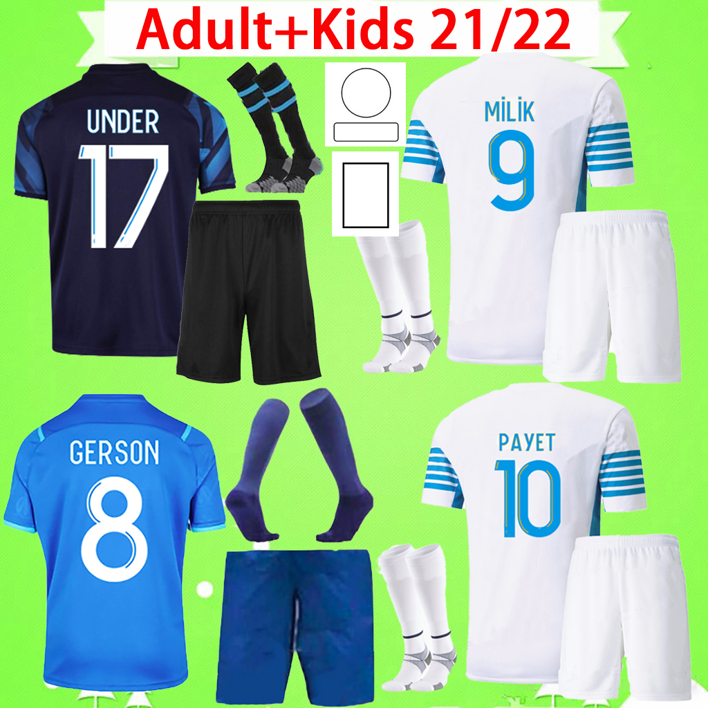 

Adult Kids kit with shorts and socks Soccer jerseys Marseilles 2022 2023 goalkeeper Maillot De Foot 22 23 football shirt boys set mens suit child S-2XL 16-28 top quality, 21/22 home kit with socks