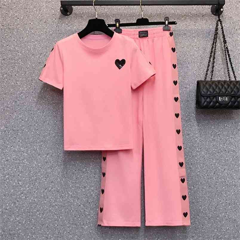 

Summer Elegant Casual 2 Pieces Set Tracksuit Women Pink Love T-shirt Top + High Waist Wide leg pants Suit 210519, Photo color
