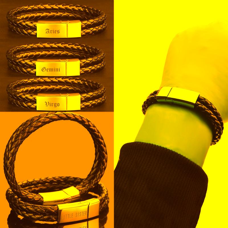 

Tennis 12 Constellation Zodiac Sign Black Braided Leather Bracelet Cancer Leo Virgo Libra Woven Jewelry Punk Men Jewellery, Golden;silver