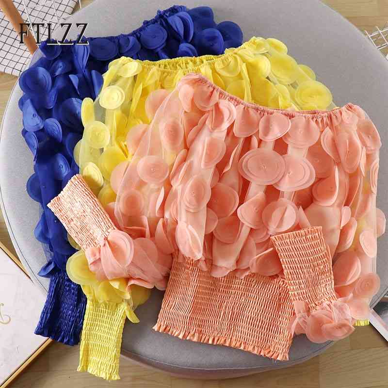

sexy off the shoulder blouse women slim long sleeved perspective screen yarn chiffon shirt spring autumn short tops 210602