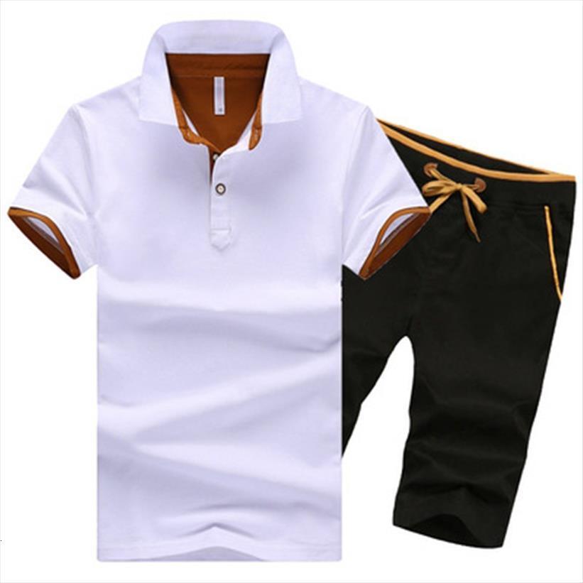 

summer fashion color matching men tracksuits sports set short sleeve lapel polo shirts beach shorts suit casual male tracksuit, Gray