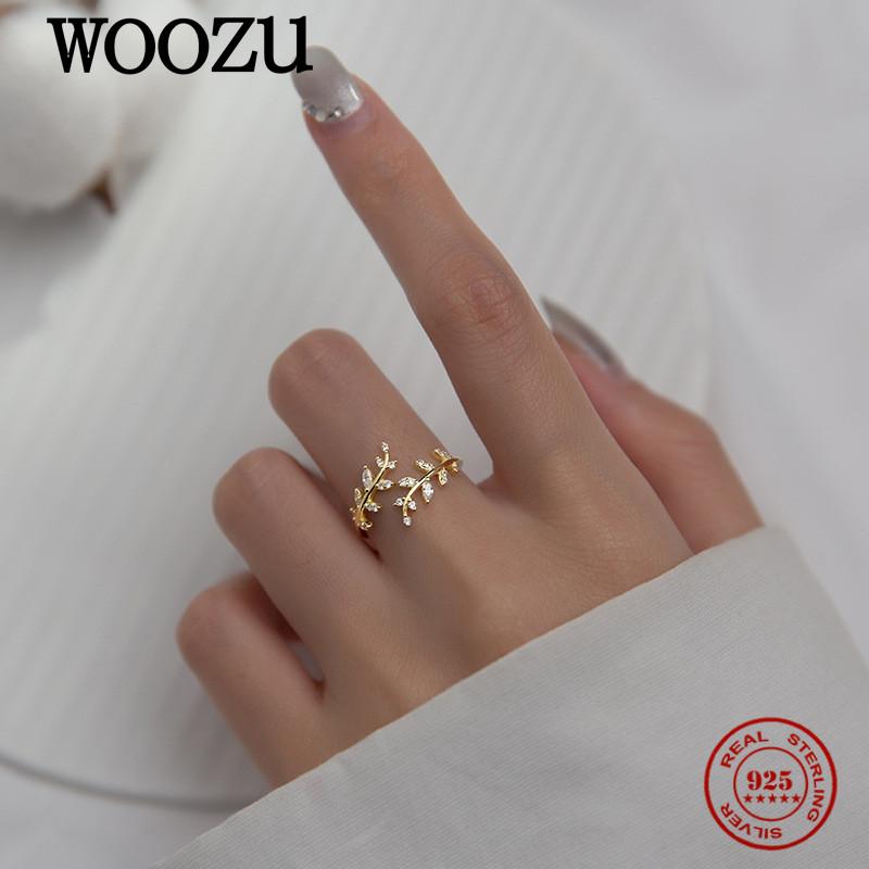 

Cluster Rings WOOZU Real 925 Sterling Silver Simple Leaves Zircon Adjustable For Women Charming Wedding Korean Sweet Jewelry Gift 2021, Golden;silver