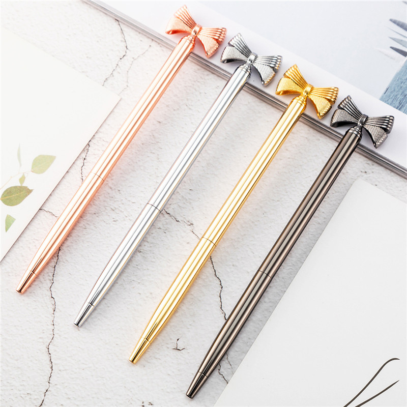 

NEW Rose Gold Metal Big Bow Ballpoint Pen Wedding Office School Writing Supplies Advertising Signature Pen Gift, As pictures