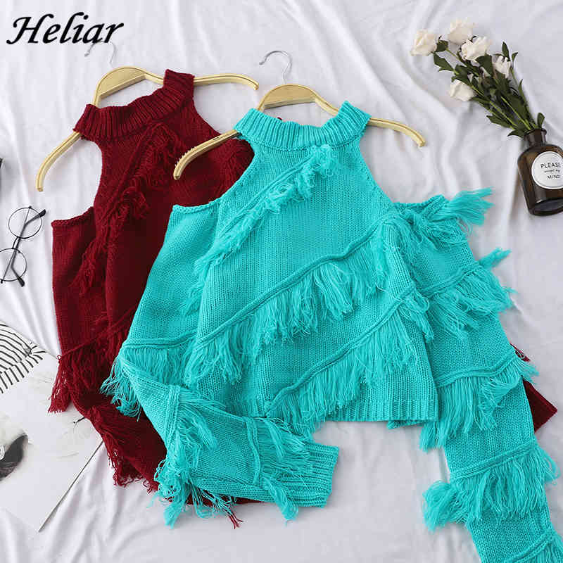 

Sexy Women Tassel Sweater Hollow Out Knitted Pullovers Chic Shoulder Off Jumper Long Sleeve Irregular Green Sweaters 210518, White