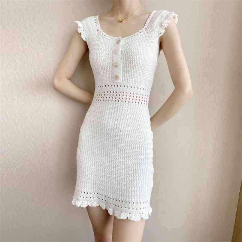 

Women's dress with waist and thin temperament hollow v-neck knitted mini skirt summer high quality women's clothing 210520, White