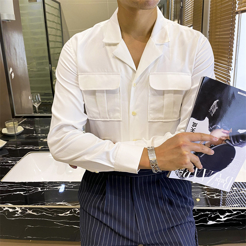 

Men Shirt Solid White Streetwear Double Pocket Shirts Casual Slim Collar, Blue