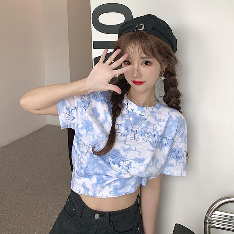

Women's T-Shirt Short Tie-dye 2021 Summer Korean Version Of The Short-sleeved Female Loose Student Clothes Top, Beige