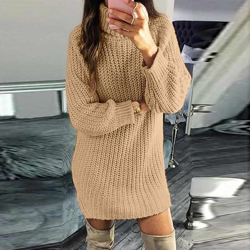 

Casual Dresses Design Knitted Loose Jumper Dress Women Solid Turtleneck Long Sleeve Slim Stretch Mini Sweater For Ladies Vestidos, White