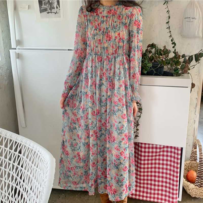 

Spring Fashion O-Neck Puff Long Sleeve Floral Chiffon Dress Vintage Women Temperament Casual Elegant Robe 210526, Photo color