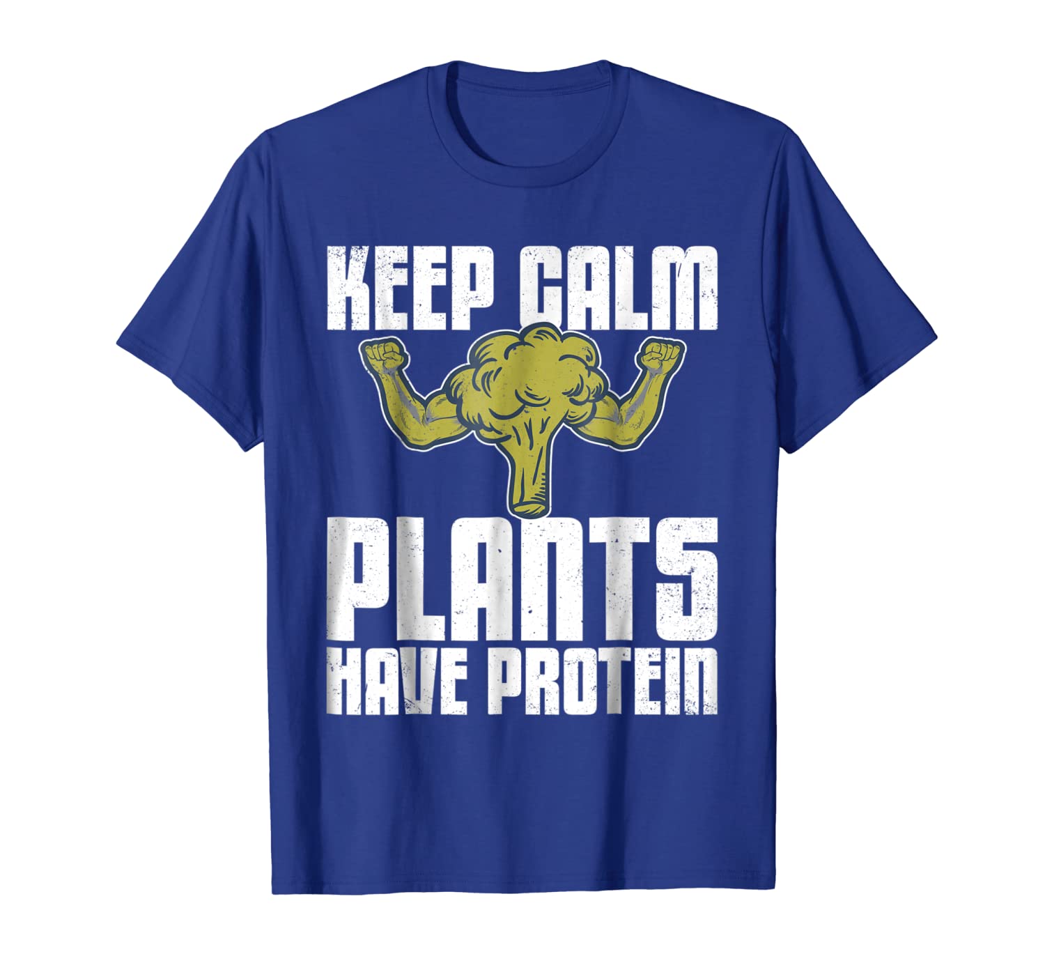 

Keep Calm Plants Have Protein Vegan Distressed T-Shirt, White;black