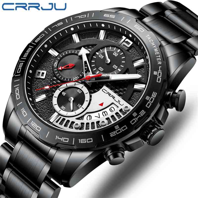 

Men Watch CRRJU Classic Business Waterproof Chronograph Quartz Wristwatch Casual Date Display Clock Calendar Relogio Masculino 210517, Black silver