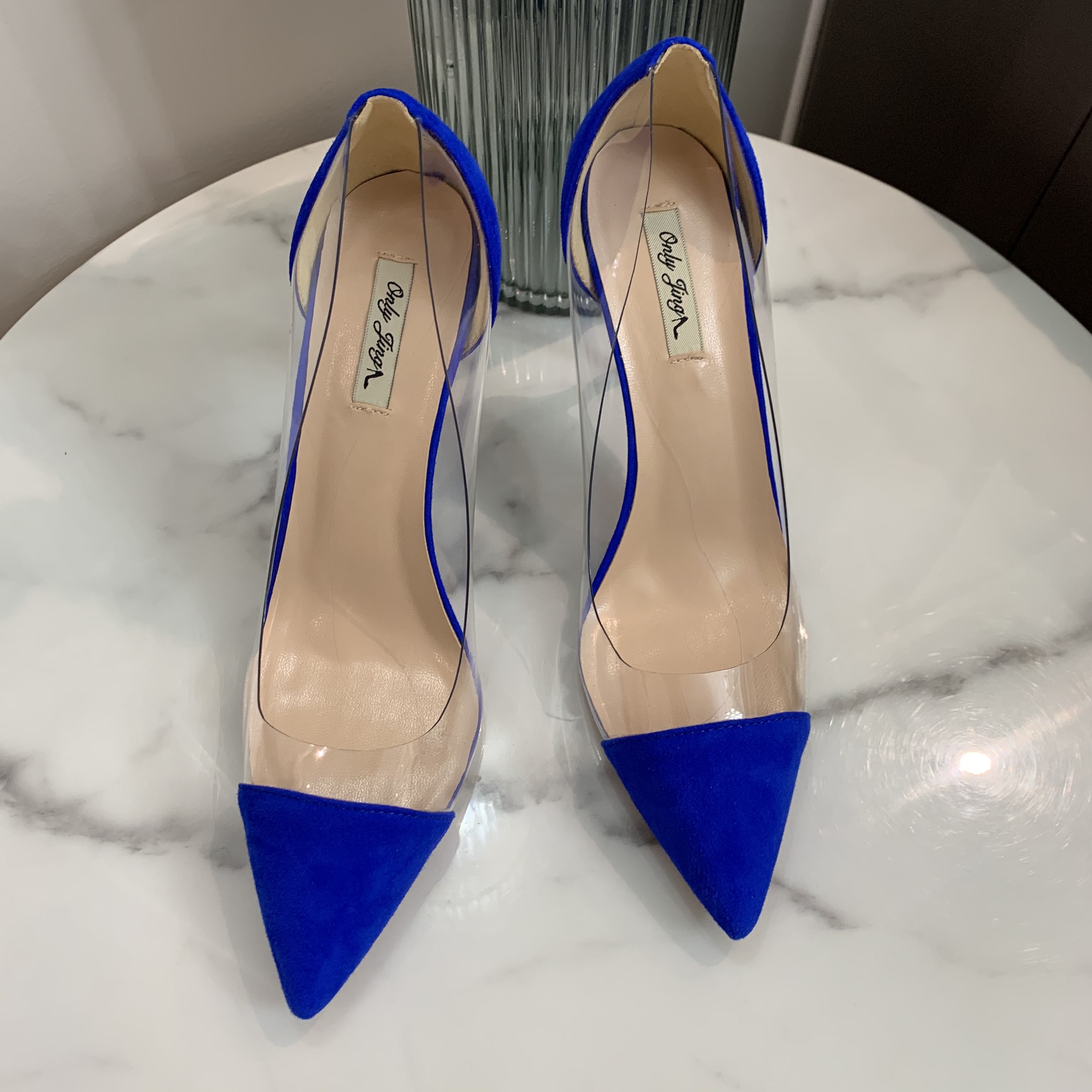 

Sexy lady fashion women shoes blue suede leather pointy toe stiletto stripper High heels pumps 12cm big size 44, Blue 8cm