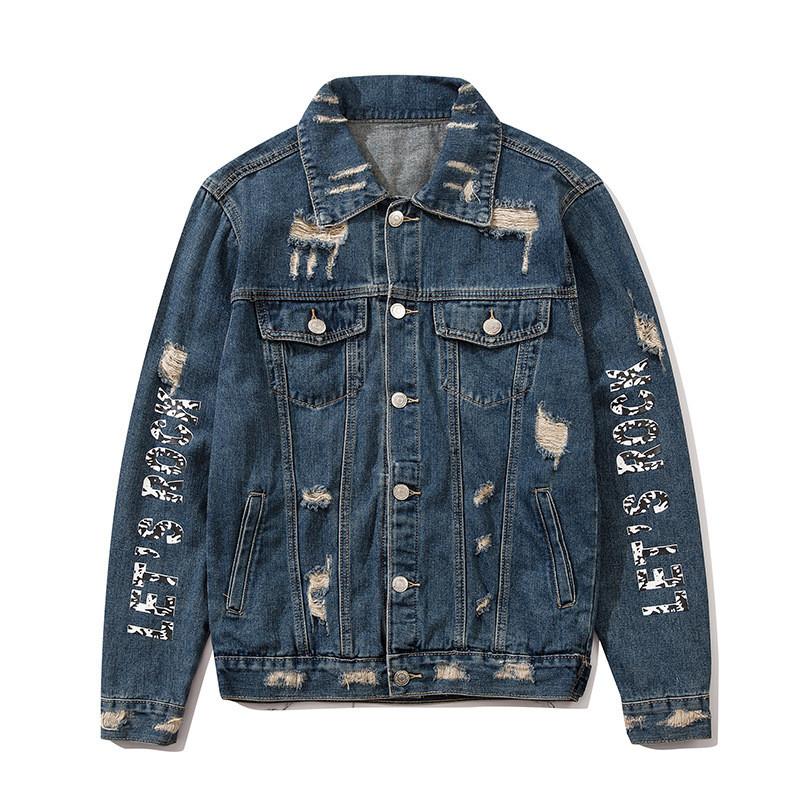 

Men's Jackets ERENEJIAN Fashion Hi Street Ripped Jeans Jacket Letter Printed Distressed Denim Trucker Coat Washed Streetwear Outerwear, Blue