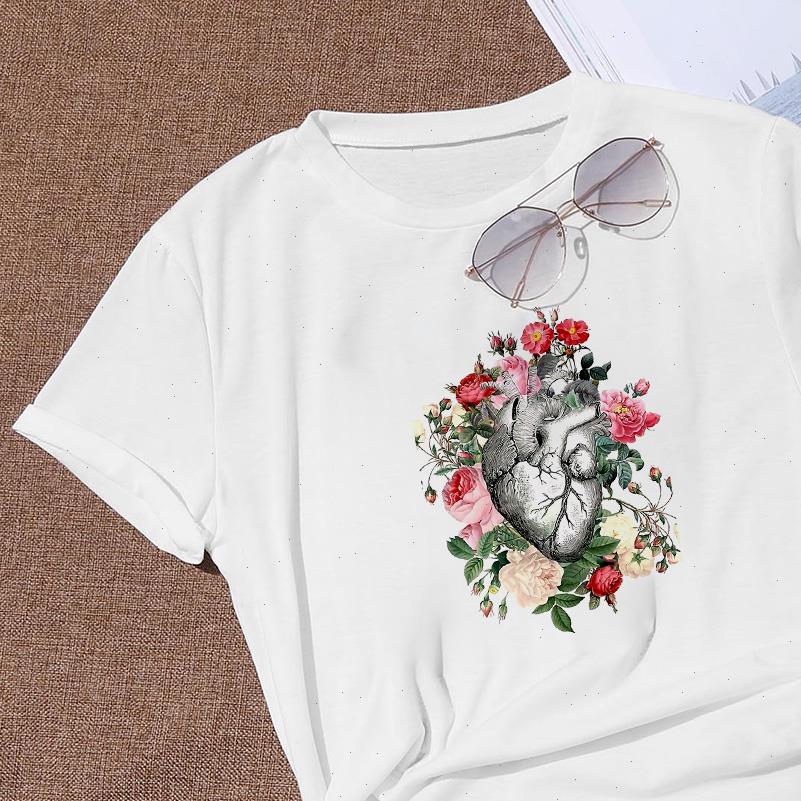 

Summer Women T Shirts Floral Heart Short Sleeve shirt Loose Flower Round Neck Tops Ladies Fashion Plus Size S 3XL, White