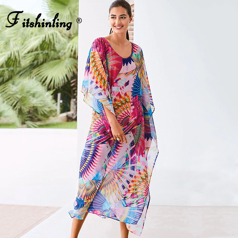 

fitshinling print chiffon summer maxi dress boho batwing sleeve maxi kaftan beach cover up swimwear holiday robe vintage pareos