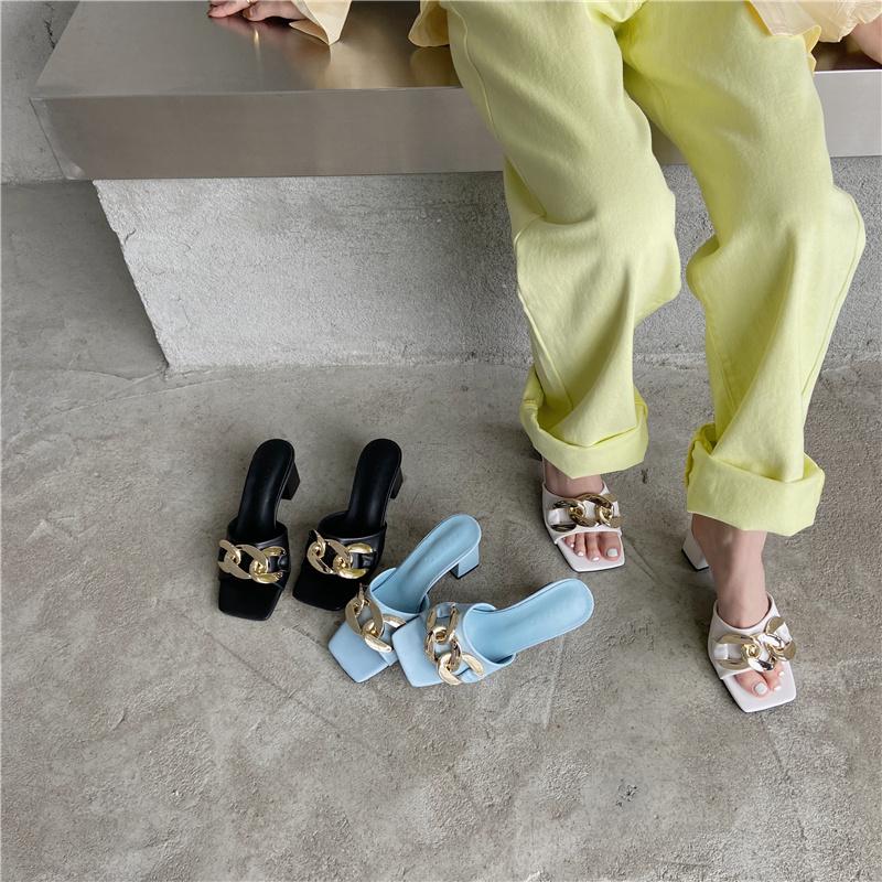 

Summer Arrivals Open Toe Women Sandals Slippers Metal Chain Thick High Heels Blue Shoes Woman Simple Slides Party Pumps, Black