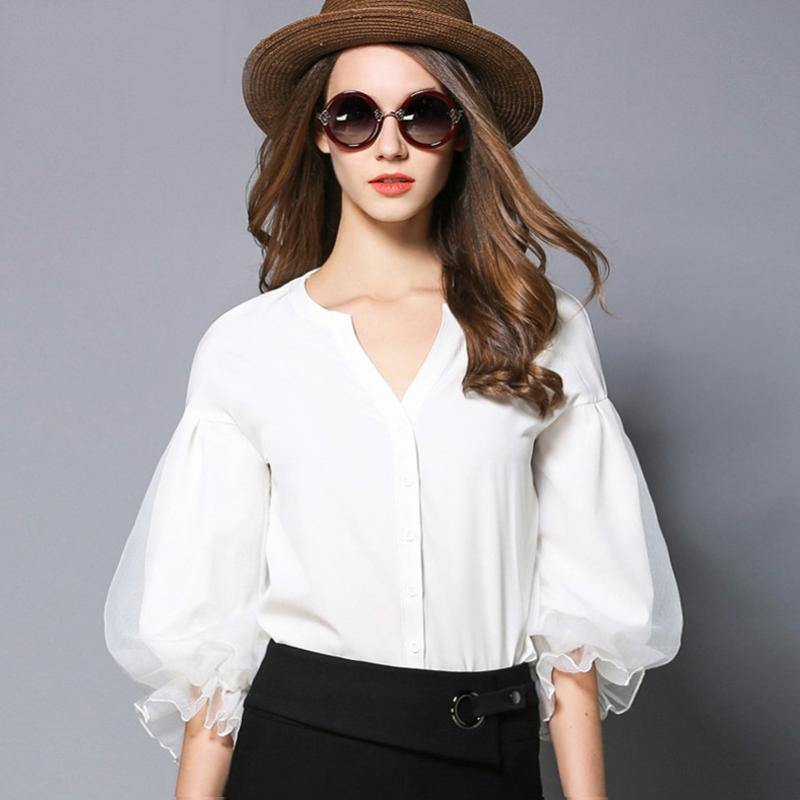 

Women' Blouses & Shirts Lantern Sleeve Shirt Office Lady Fashion Nine Quarter Organza Top Temperament Women V-Neck Puff Chiffon White Blous, White bloluse