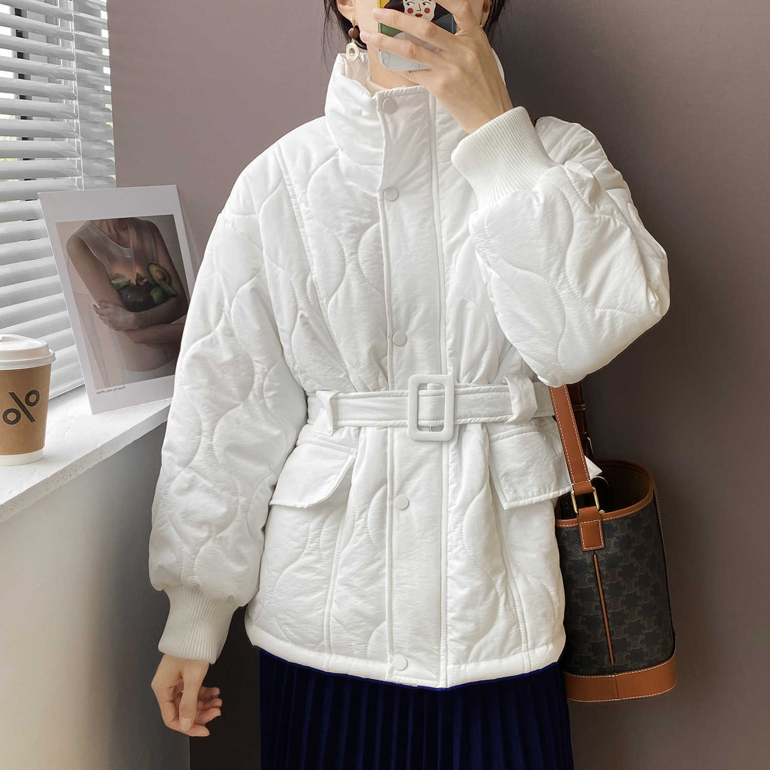 

Lingge Down Cotton-padded Jacket Women's Winter Loose Waist Oversized Coat Women Puffer Thicker Warm Belt 210607, Black