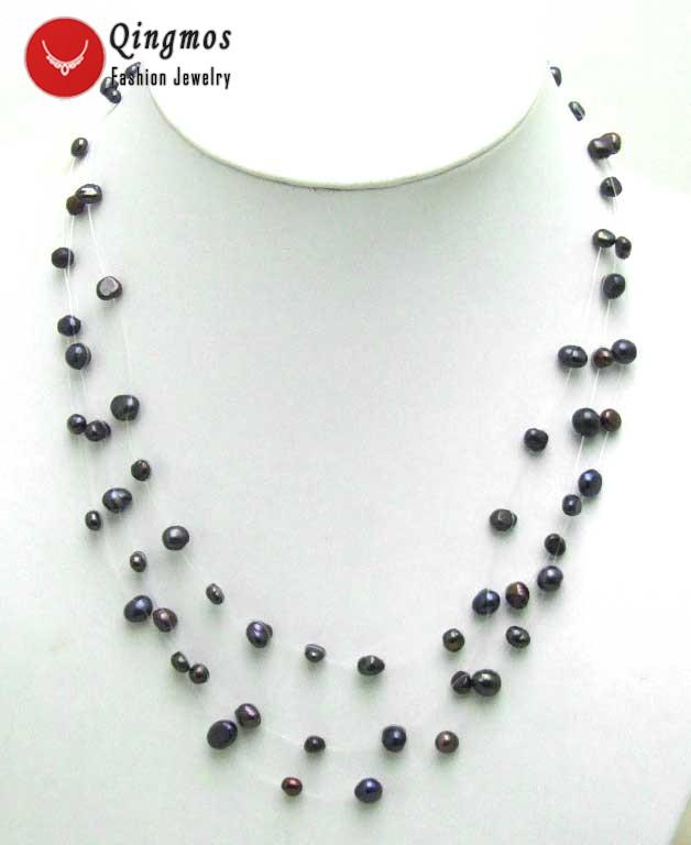 

Qingmos Black Pearl Necklace For Women With 4-6mm Round Natural Freshwater 3 Strands Starriness 18" Chokers N5121, Golden;silver