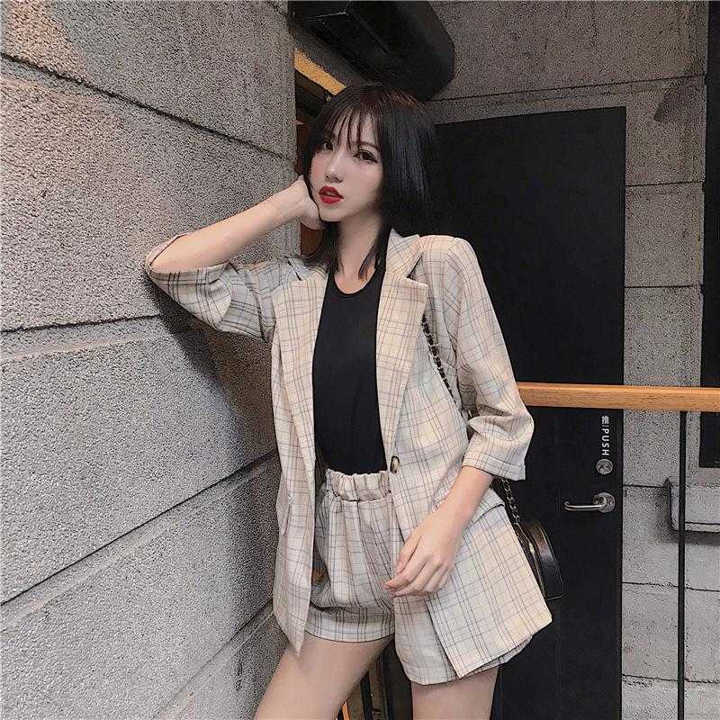 

suit fashion lapel plaid jacket + high waist shorts 210603, Apricot grid