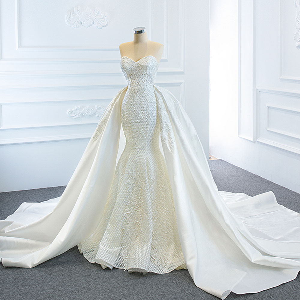 

Mermaid Women Wedding Dress With Detachable Chapel Train 2 Pieces Pearls Lace Bridal Gowns Custom Made Vestidos de Novia 2023, White