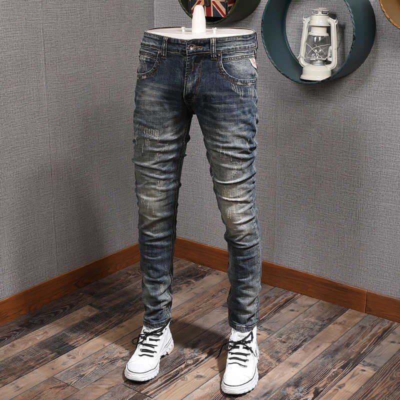 

Italian Style Fashion Men Jeans Retro Blue Elastic Cotton Distred Ripped for Vintage Designer Slim Fit Denim Pants