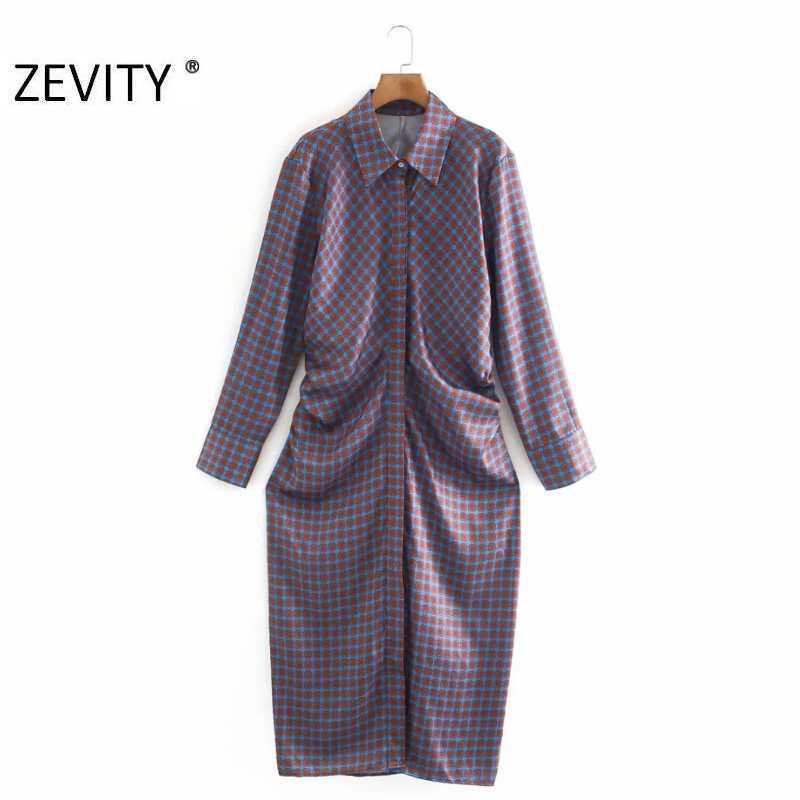 

Zevity Autumn Women Vintage Geometric Printing Side Pleated Shirt Dress Ladies Chic clothing Long Sleeve Business Vestido DS4543 210603, As pic ds4543ld