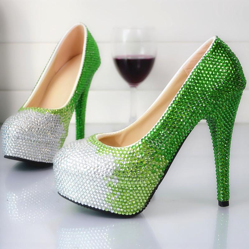 

Dress Shoes 2021 Women Crystal Wedding Bride Green Gradual Fashion Rhinestone Party Platform Super High Heels Pumps, 8cm shoes