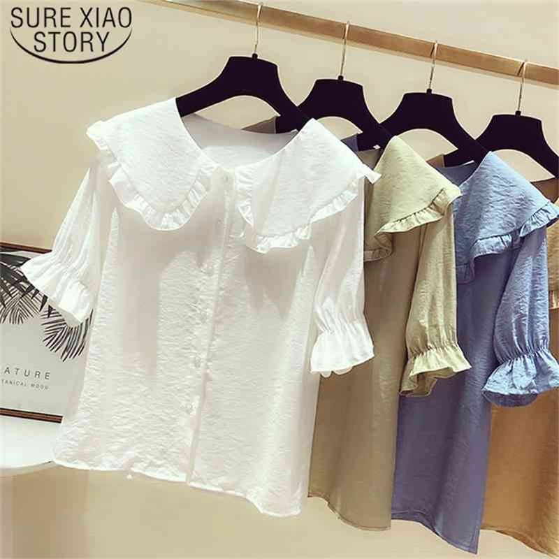 

Fashion Slim Short Sleeve Women Clothing Blouses Summer Doll Collar Button Solid Casual Woman Tops Clothes 5164 50 210519, Green