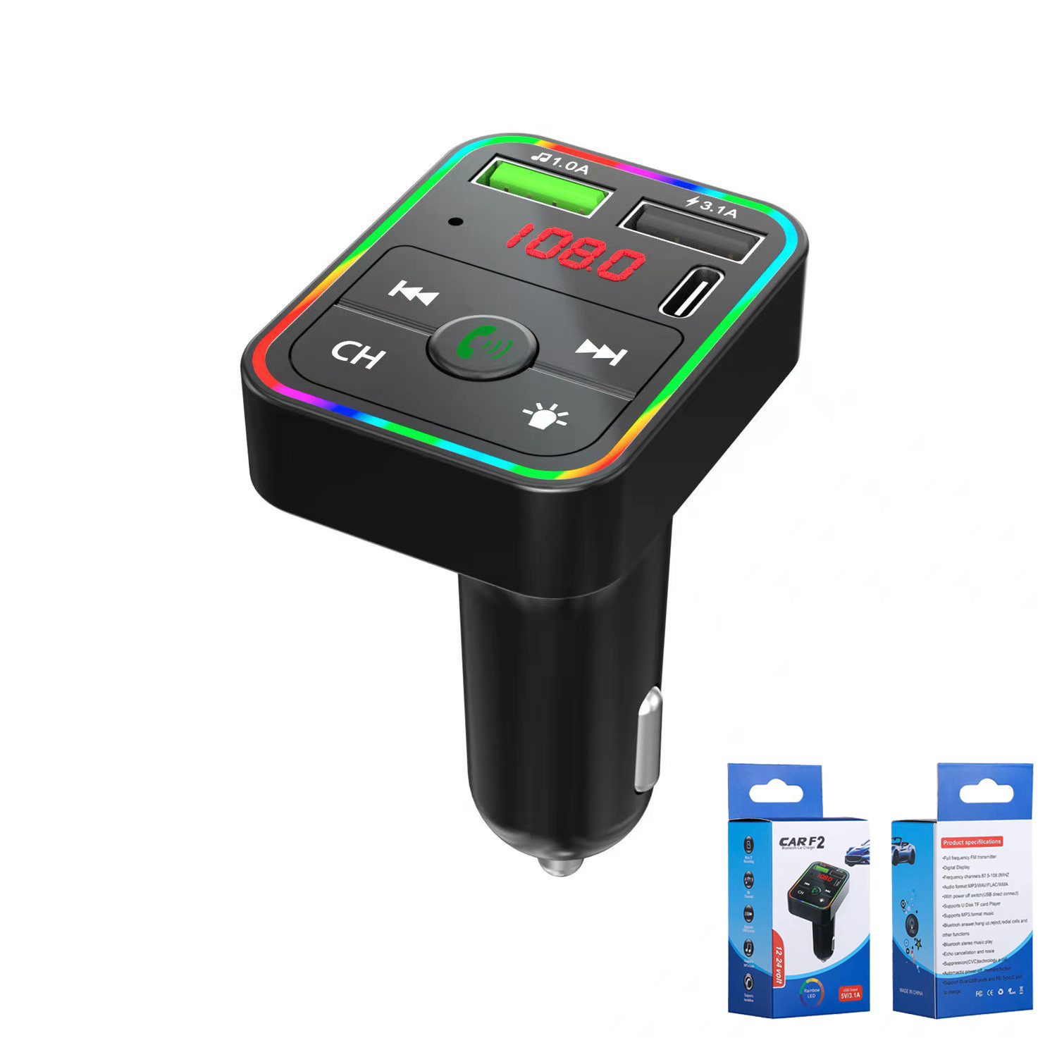 

F2 Bluetooth Car Charger Cell Phone FM Transmitters Kit 3.1A Dual USB Charging Adapter Wireless Audio Receiver Handsfree MP3 Music Player