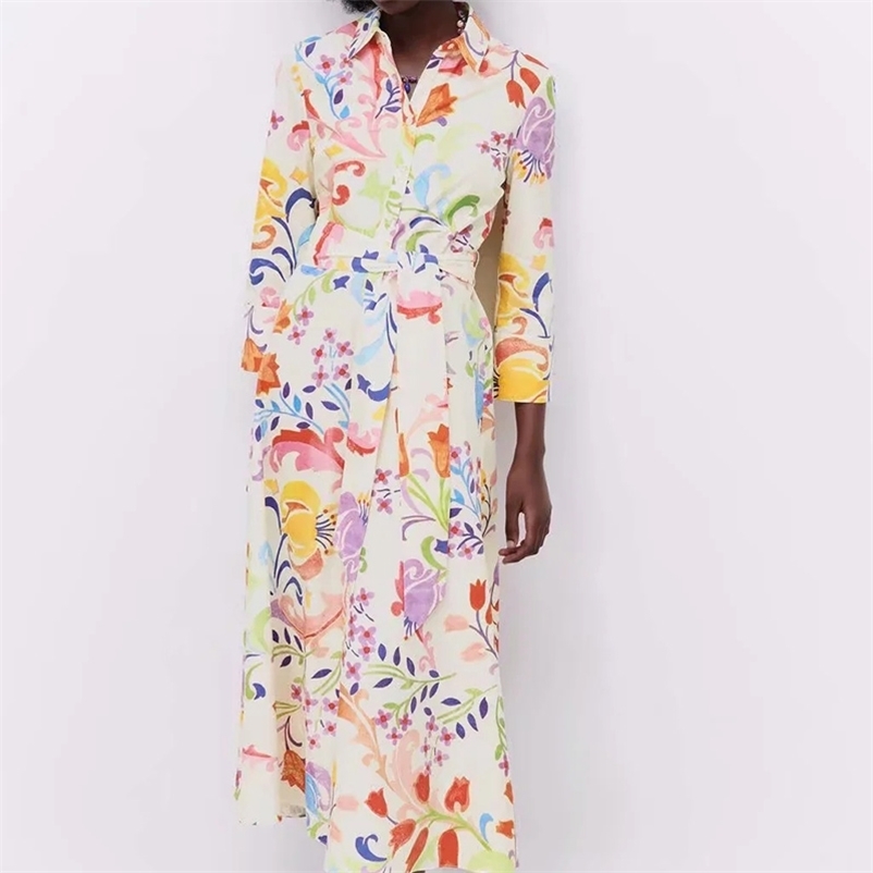 

women floral print long dress spring summer sleeve A-line pleated with belt female shirt 210524, Mixed color