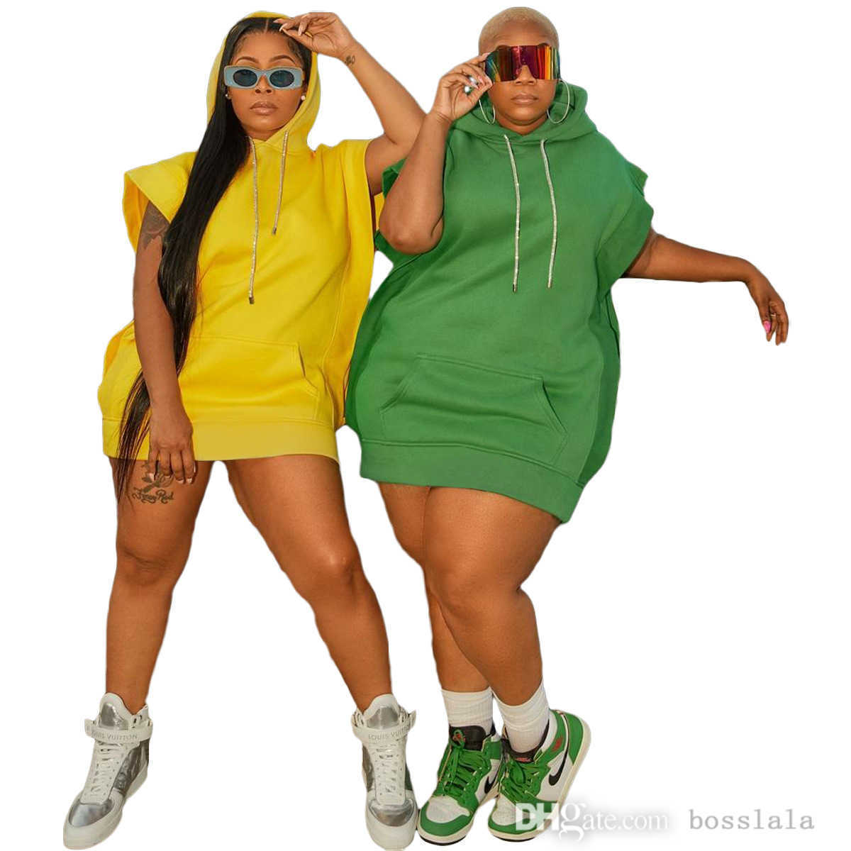 

Womens Hoodie Sweater Dresses 2022 Spring Solid Color Sleeveless With Pockets Loose Plush Skirts Plus Size Dress, Mix colors