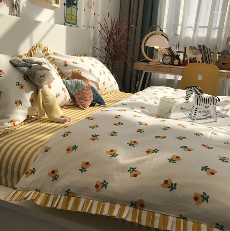 

Bedding Sets Trend Retro Yellow Flower Stripes Set Girl,ruffled Cotton  Full Queen Home Textile Bed Sheet Pillow Case Quilt Cover, Picture color