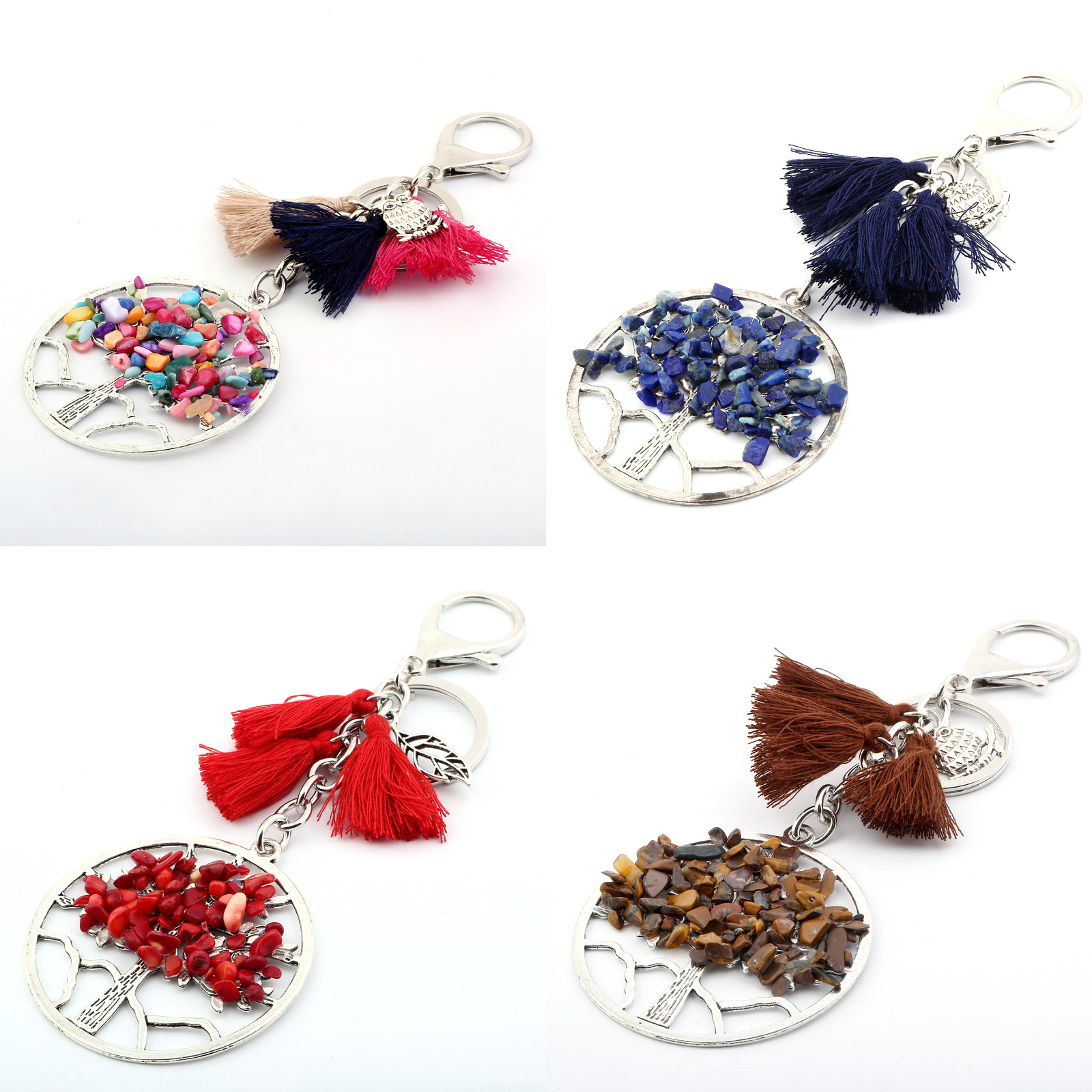 

Natural Stone Fluorite Tree of Life Pendants Keychain Charm Lobster Clasp Key Holder Car Backpack Accessories Unique Jewelry