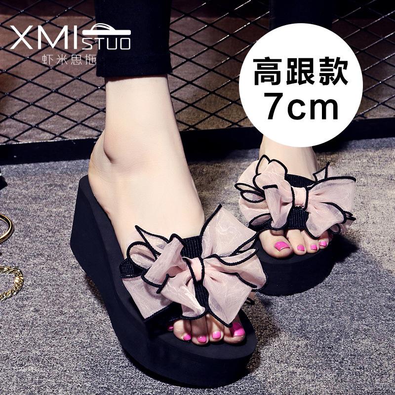 

Summer Slippers Women High Heel Word Butterfly Flowers Beach Shoes Drag Thick Bottom Cool Korean Version Non-slip, Black
