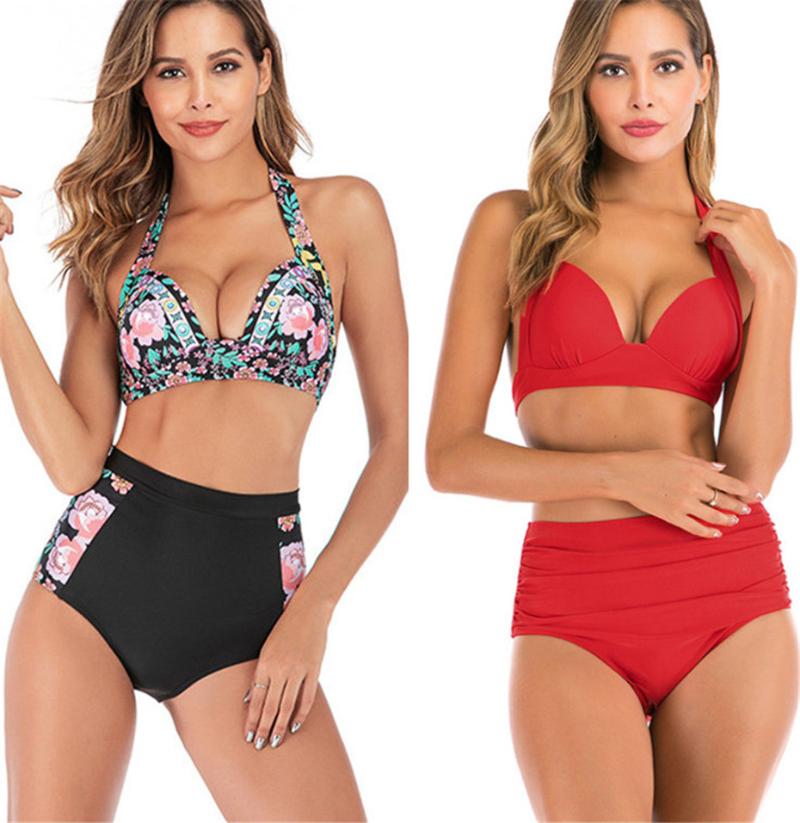 

Women' Swimwear Sexy Floral Print Swimsuit High Waist Bikini 2021 Push Up Women Vintage Biquini Bandage Bikinis Set Bathing Suit, 12