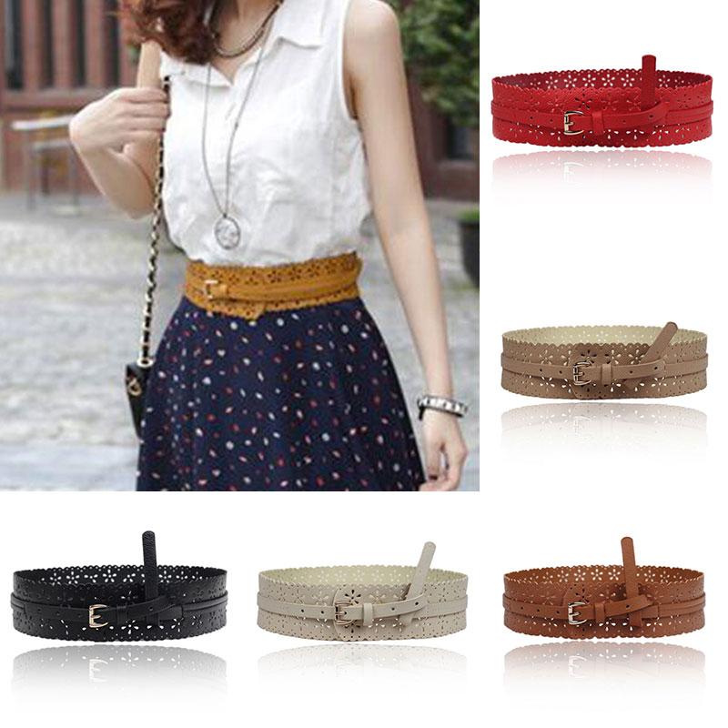 

Solid Color Corset Belt Pin Buckle Dresses Coat Female Waistband Vintage Wide Waist Hollow Flower Design PU Leather Belts, Black;brown