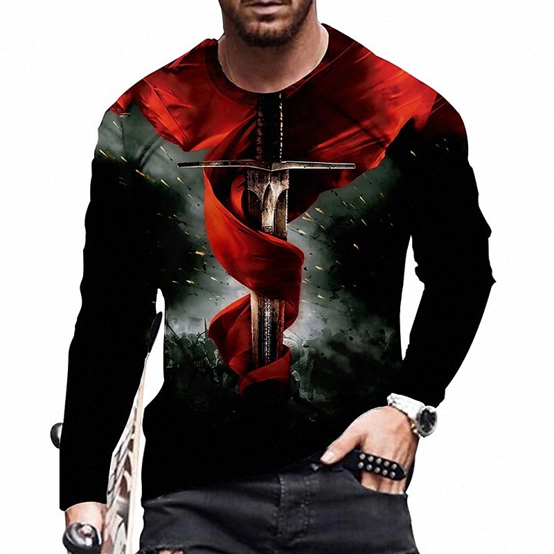 Men's Unisex T shirt 3D Print Graphic Prints Weapon Crew Neck Daily Holiday Print Long Sleeve Tops Casual Designer Big and Tall Black / Red
