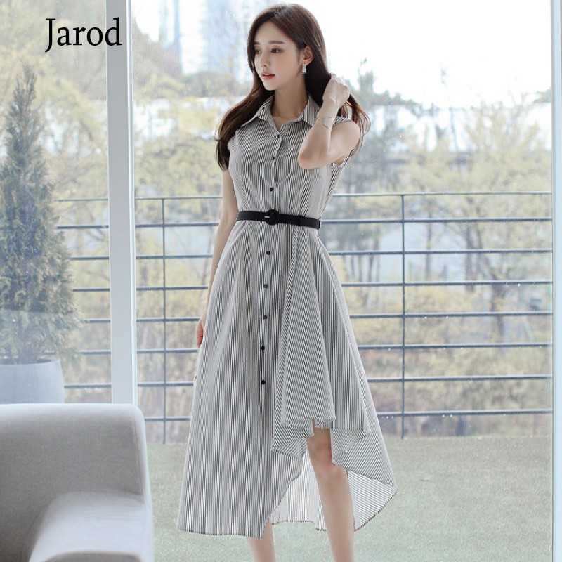 

Summer Korea Striped Dresses Sleeveless Belt Single Breasted Irregular Mid-Calf Casual Women's Clothes 210526, Picture color