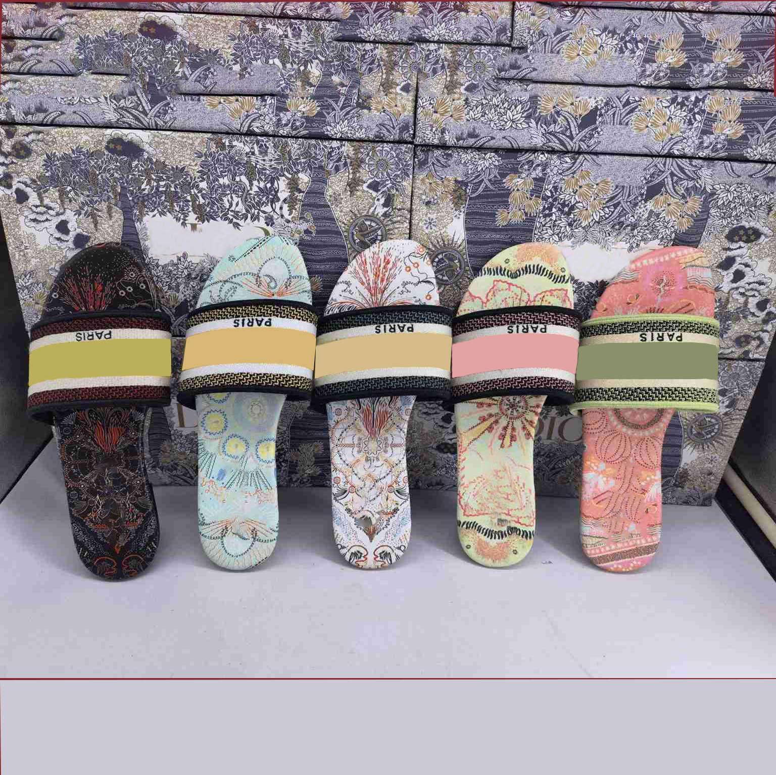 

Paris Womens Slippers sandals Beach Slide Girls Flat Slipper Scuffs Shoes Summer Ladies Flip Flops Knitted Embroidery slides with box, 17