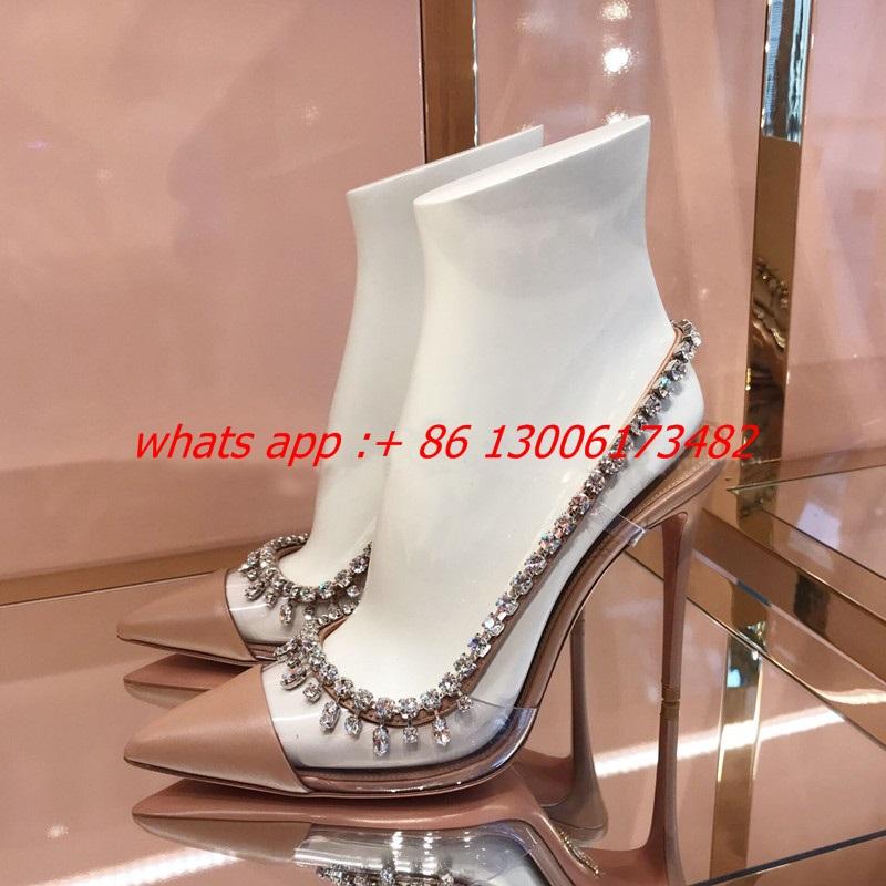 

Dress Shoes Design Brand Woman Rhinestones High Heel Slingback Buckle Pointed Toe PVC Patchwork Stilettos, Black