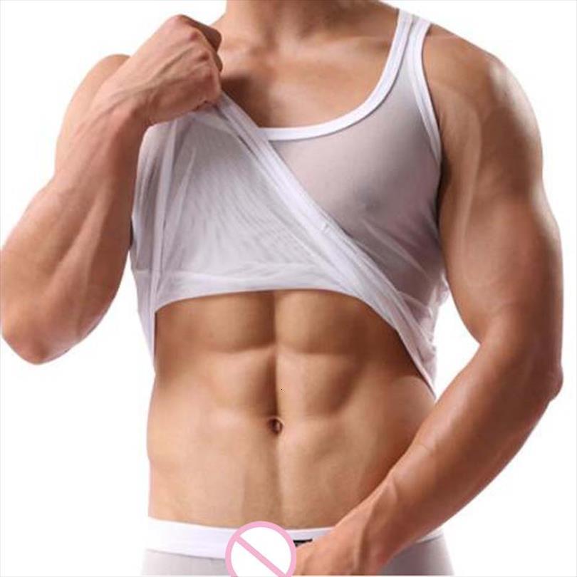 

men tank transparent mesh for fun party vest male underwear lingerie, White;black