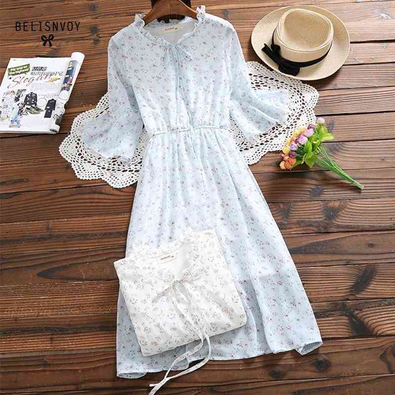 

Mori Girl Bohemian Summer Women Dresses Ruffled Floral Printed Half-sleeve Elegant High Waist Beach Chiffon Dress Vestidos 210520, White