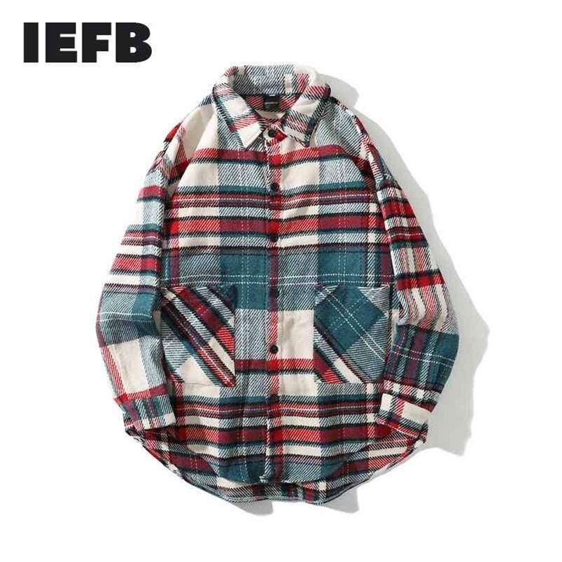 

IEFB /Vintage men' cltohing Spring Red Blue Lattice Woolen Shirt for Male Oversize loose tops men and women 9Y1 210721, Red 623