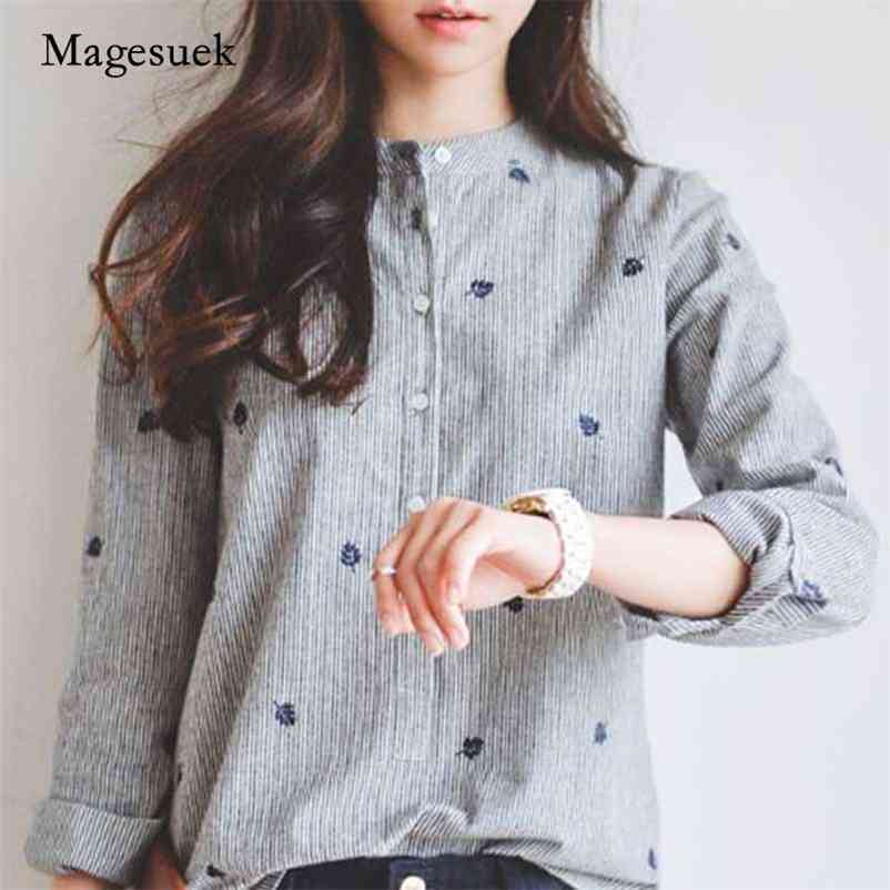 

Fashion Grey Striped Women Long Sleeve Leaf Embroidery Blouse Shirt Women' Clothing Office Lady' Tops Blusas 335F 30 210518