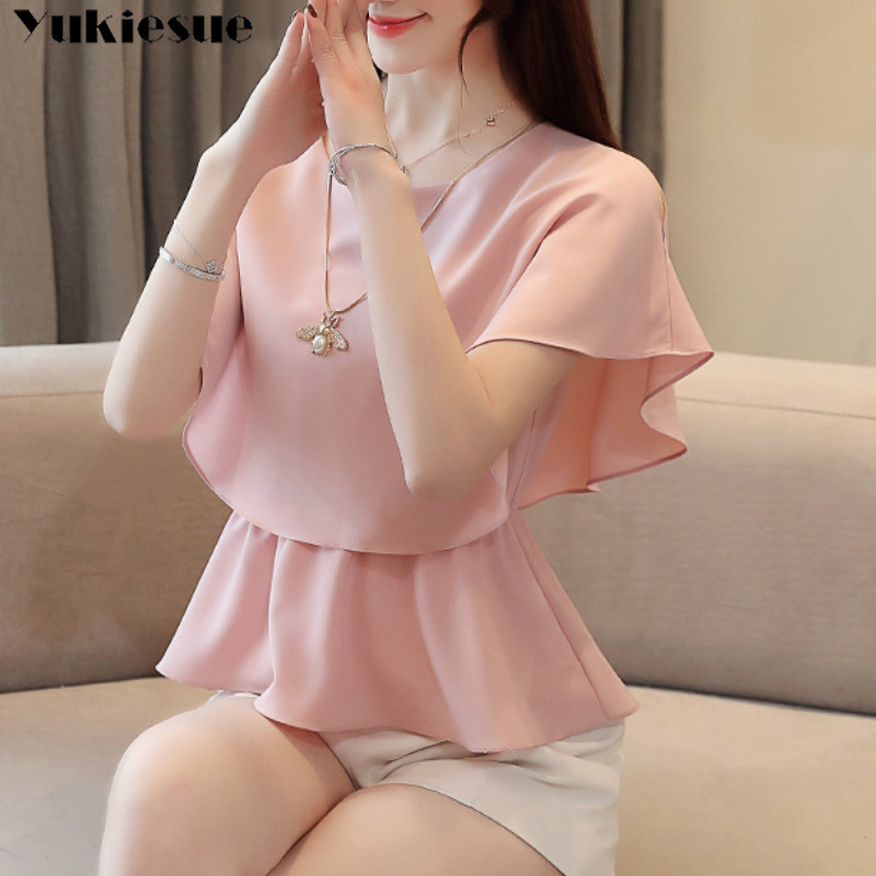 

summer short sleeve batwing women' shirt blouse for women blusas womens tops and blouses chiffon shirts top plus size 210518, Pink