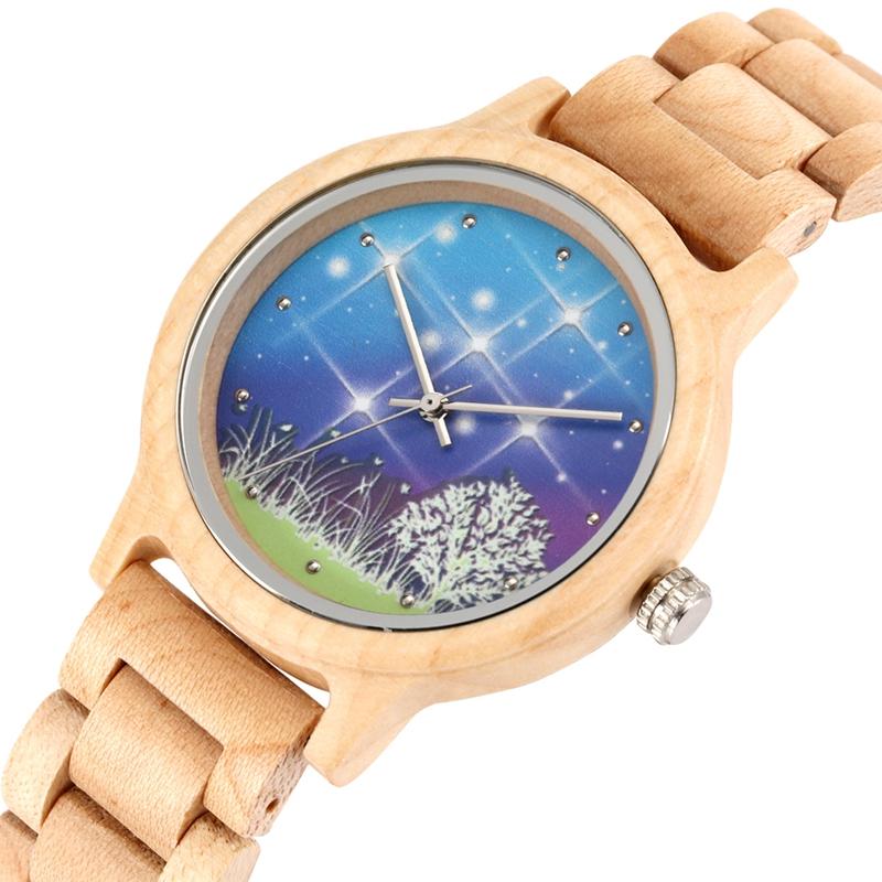 

Wristwatches Crystal Bling Fashion Starry Sky Quartz Women's Wooden Watch Adjustable Wood Band Women Clocks Watches Female Relogio Feminino, Angel moon dial