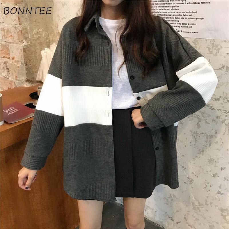 

Women's Knits & Tees Cardigan Women Autumn Vintage Panelled Turn-down Collar Students Loose Leisure Knitted Streetwear Cozy All-match Tender, White