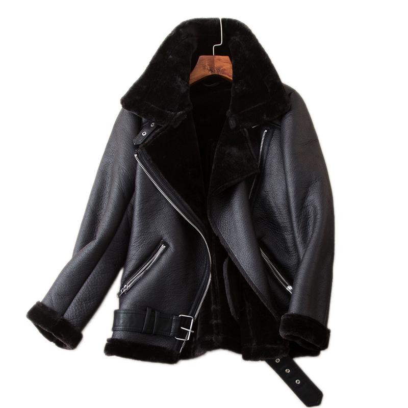 

Ailegogo Winter Coats Women Thickness Faux Leather Fur Sheepskin Female Jacket Aviator Outwear Casaco Feminino, Black